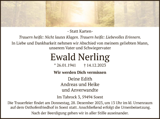 Todesanzeige von Ewald Nerling von WA