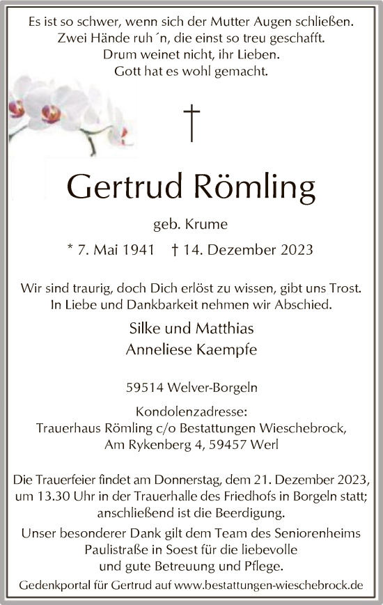 Todesanzeige von Gertrud Römling von WA