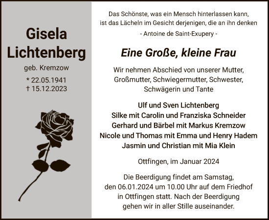 Todesanzeige von Gisela Lichtenberg von WA