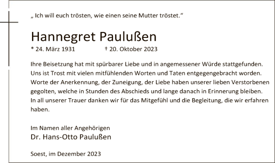 Todesanzeige von Hannegret Paulußen von WA