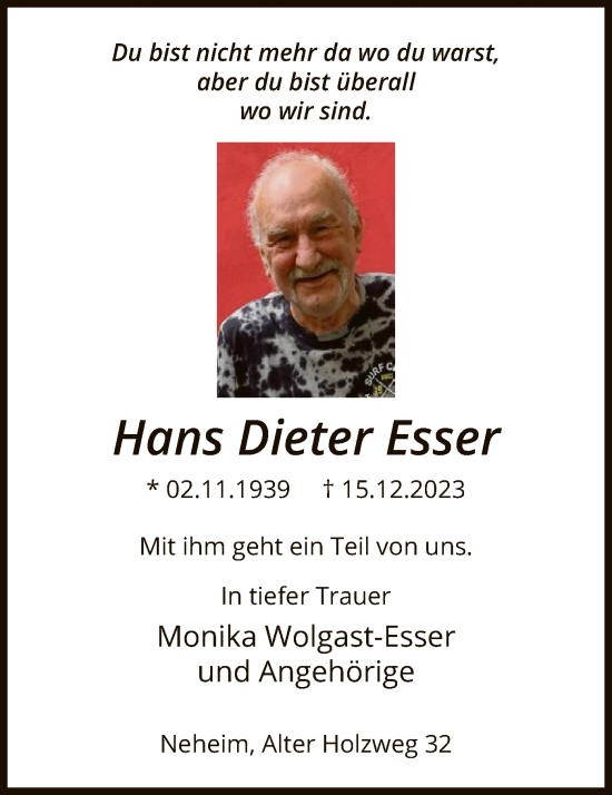 Todesanzeige von Hans Dieter Esser von WA