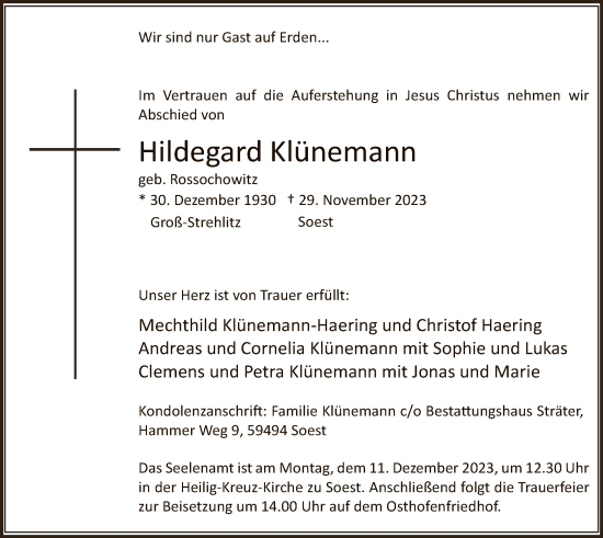 Todesanzeige von Hildegard Klünemann von WA