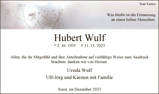 Todesanzeige von Hubert Wulf von WA