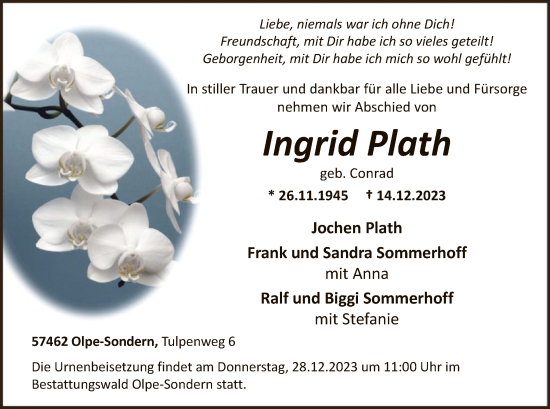 Todesanzeige von Ingrid Plath von WA