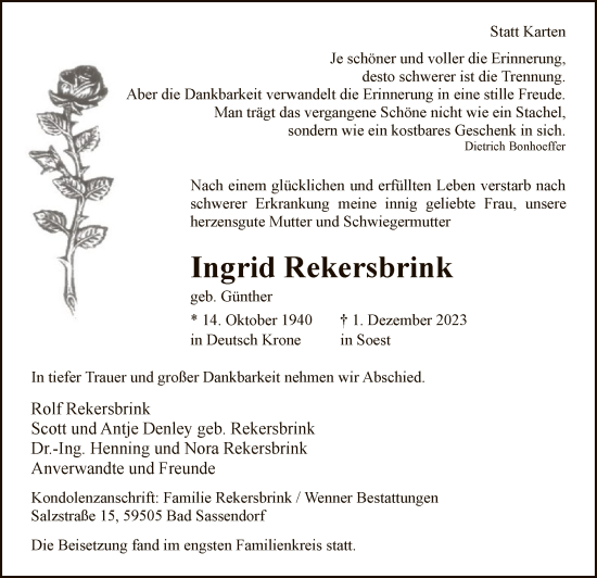 Todesanzeige von Ingrid Rekersbrink von WA