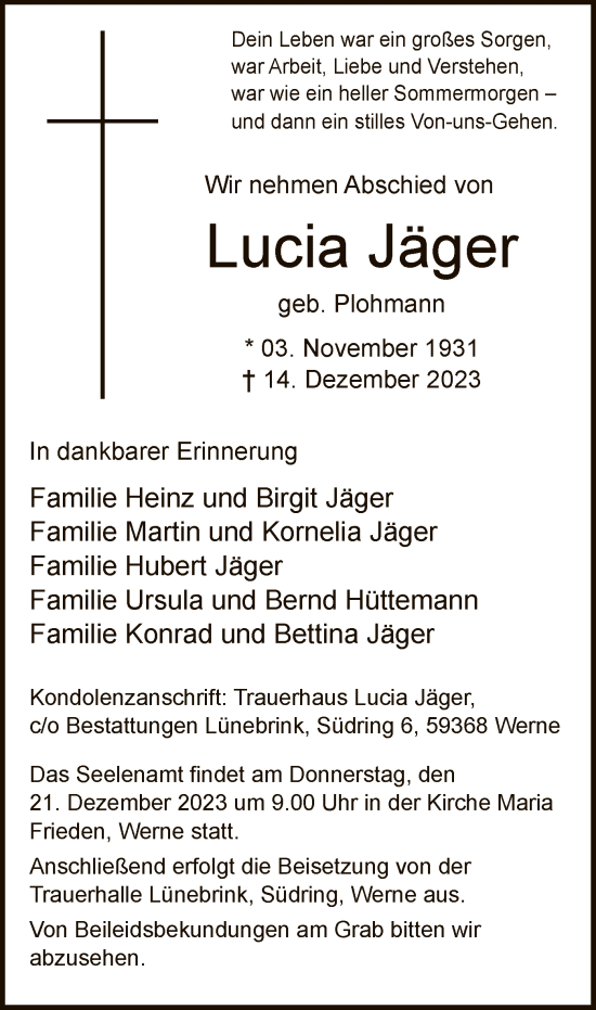 Todesanzeige von Lucia Jäger von WA