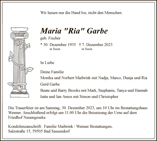 Todesanzeige von Maria Garbe von WA