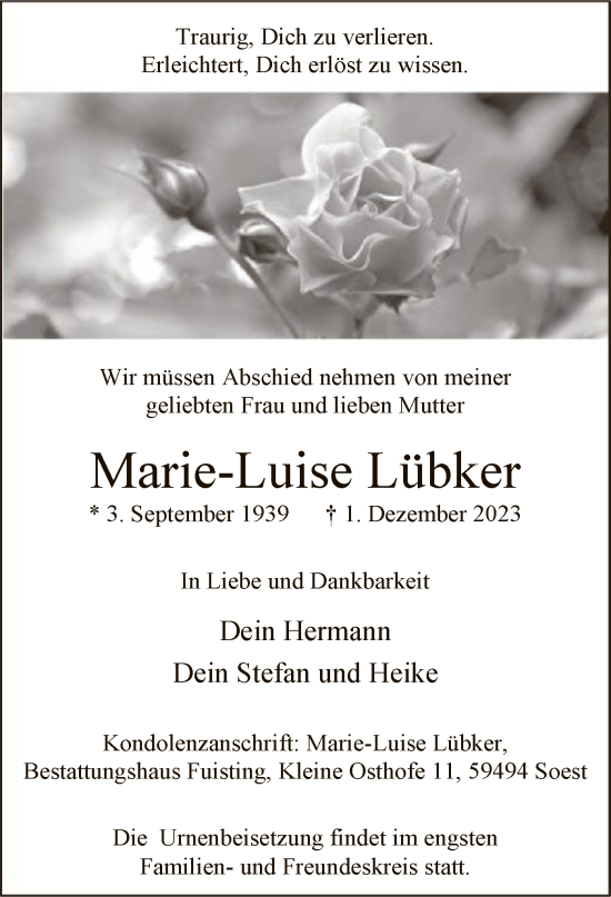 Todesanzeige von Marie-Luise Lübker von WA