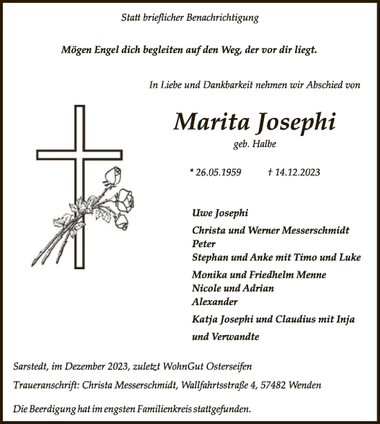 Todesanzeige von Marita Josephi von WA