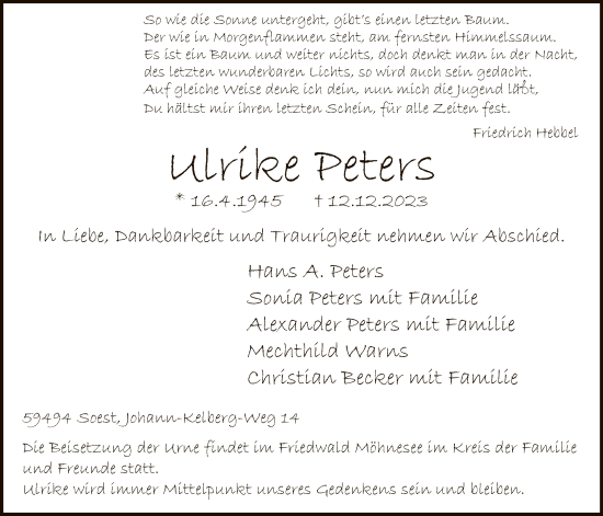 Todesanzeige von Peters Ulrike von WA