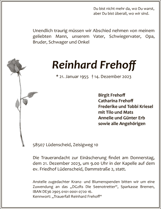 Todesanzeige von Reinhard Frehoff von WA