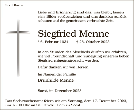 Todesanzeige von Siegfried Menne von WA