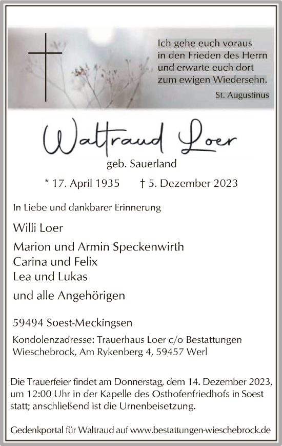 Todesanzeige von Waltraud Loer von WA