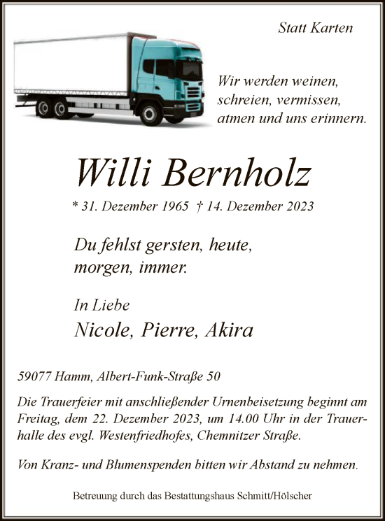 Todesanzeige von Willi Bernholz von WA