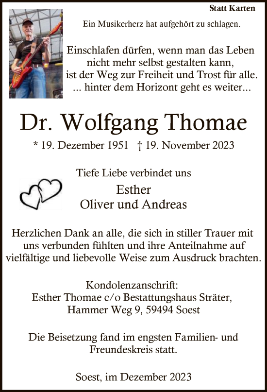 Todesanzeige von Wolfgang Thomae von WA