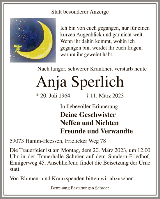 Todesanzeige von Anja Sperlich von WA