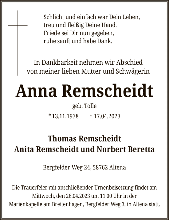 Todesanzeige von Anna Remscheidt von WA