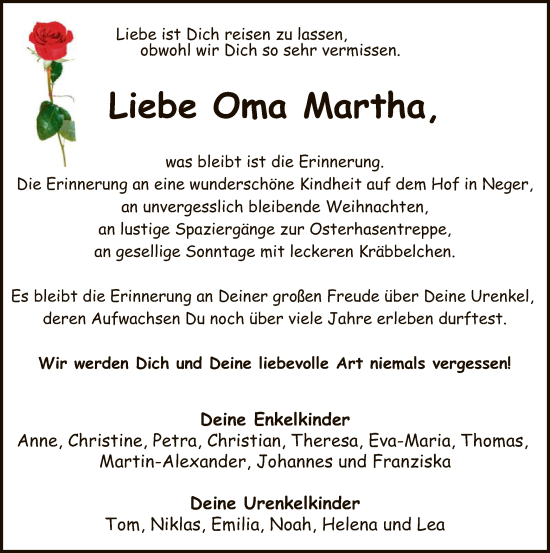 Todesanzeige von Martha  von WA