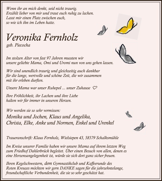 Todesanzeige von Veronika Fernholz von WA