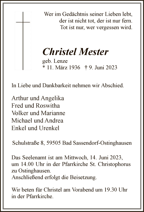 Todesanzeige von Christel Mester von WA