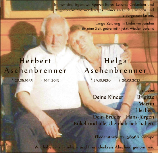 Todesanzeige von Helga und Herbert Aschenbrenner von WA