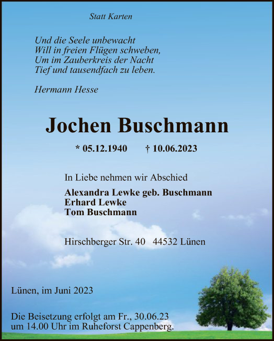 Todesanzeige von Jochen Buschmann von WA