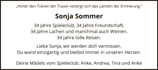 Todesanzeige von Sonja Sommer von WA