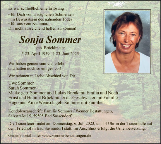 Todesanzeige von Sonja Sommer von WA