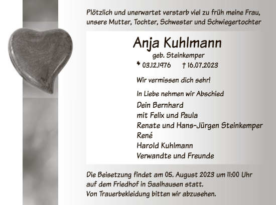 Todesanzeige von Anja Kuhlmann von WA