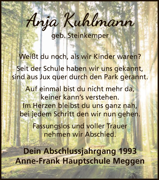 Todesanzeige von Anja Kuhlmann von WA