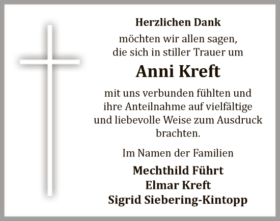 Todesanzeige von Anni Kreft von WA