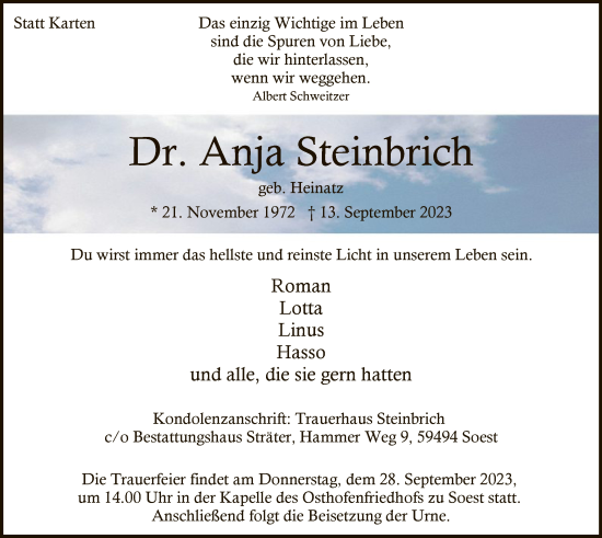 Todesanzeige von Anja Steinbrich von WA