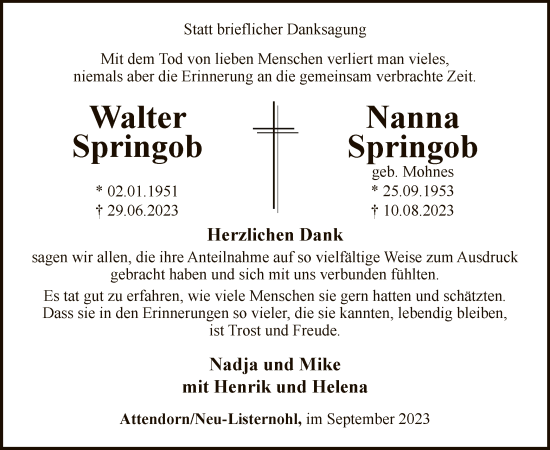 Todesanzeige von Walter und Nanna Springob von WA