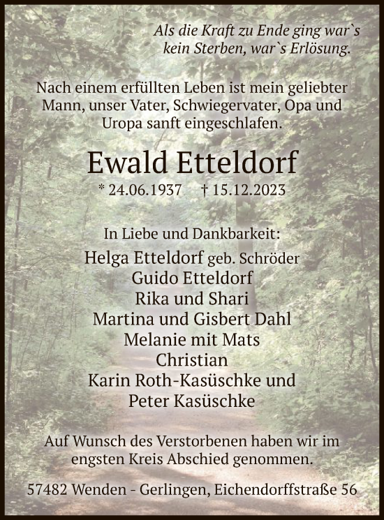 Todesanzeige von Ewald Etteldorf von WA