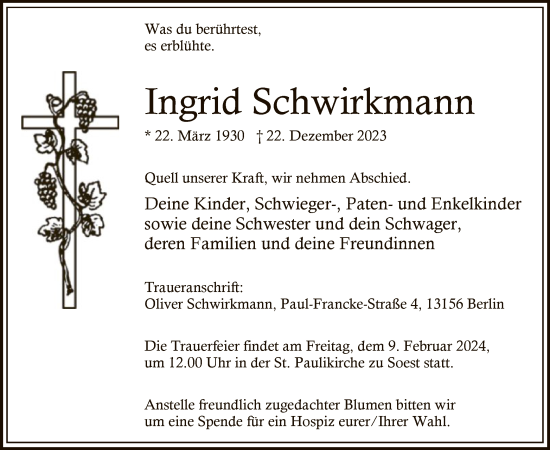 Todesanzeige von Ingrid Schwirkmann von WAWA