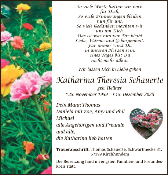 Todesanzeige von Katharina Theresia Schauerte von WA