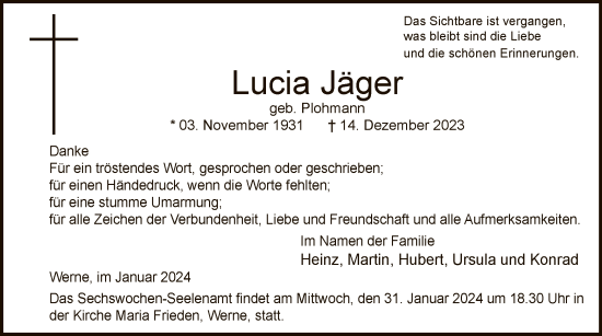 Todesanzeige von Lucia Jäger von WA