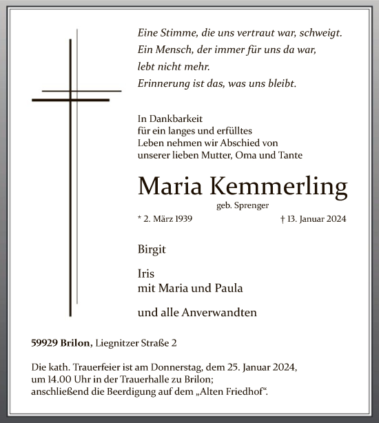 Todesanzeige von Maria Kemmerling von WA