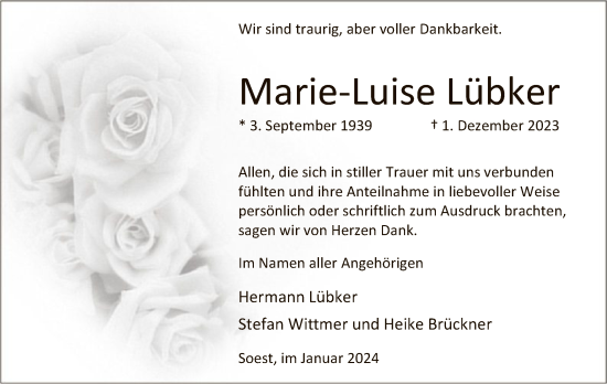 Todesanzeige von Marie-Luise Lübker von WA