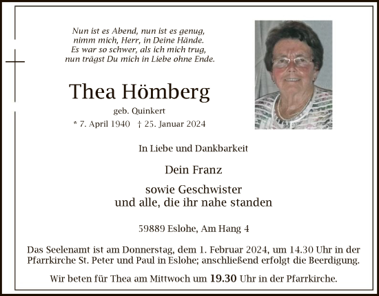 Todesanzeige von Thea Hömberg von WA