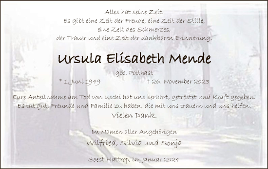 Todesanzeige von Ursula Elisabeth Mende von WA