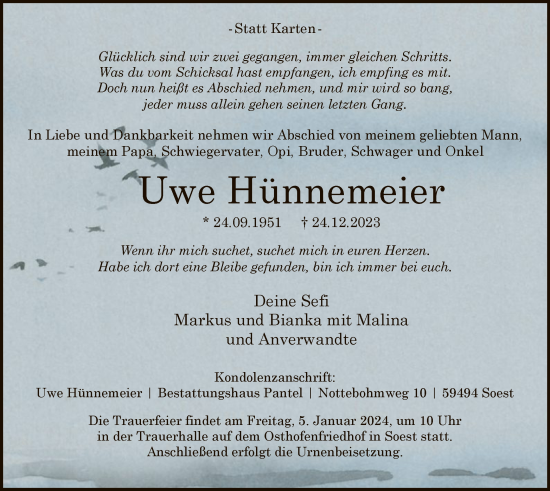 Todesanzeige von Uwe Hünnemeier von WA