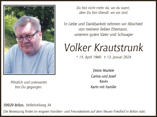 Todesanzeige von Volker Krautstrunk von WA