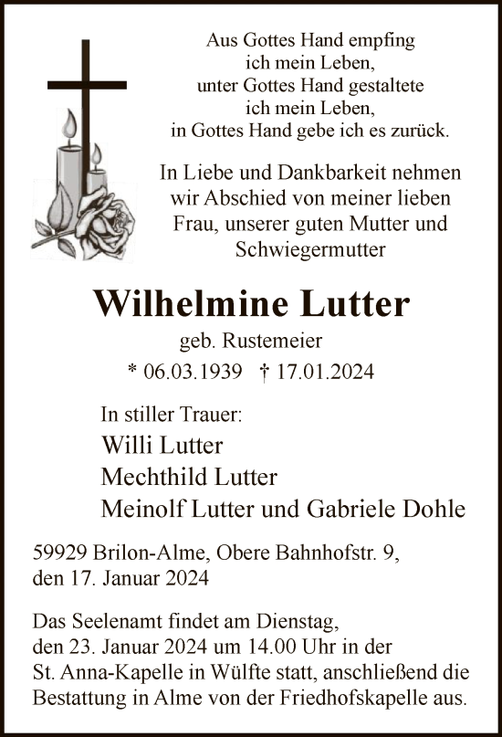 Todesanzeige von Wilhelmine Lutter von WA