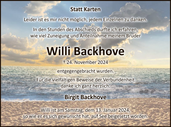 Todesanzeige von Willi Backhove von WA