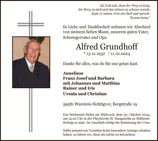 Todesanzeige von Alfred Grundhoff von WA