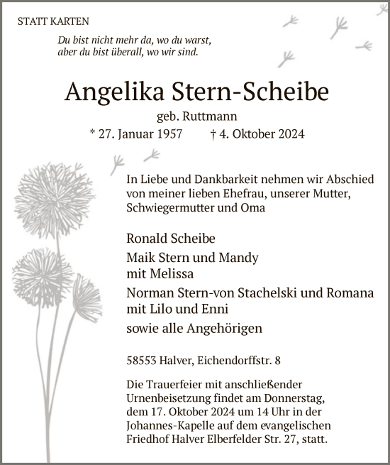 Todesanzeige von Angelika Stern-Scheibe von WA