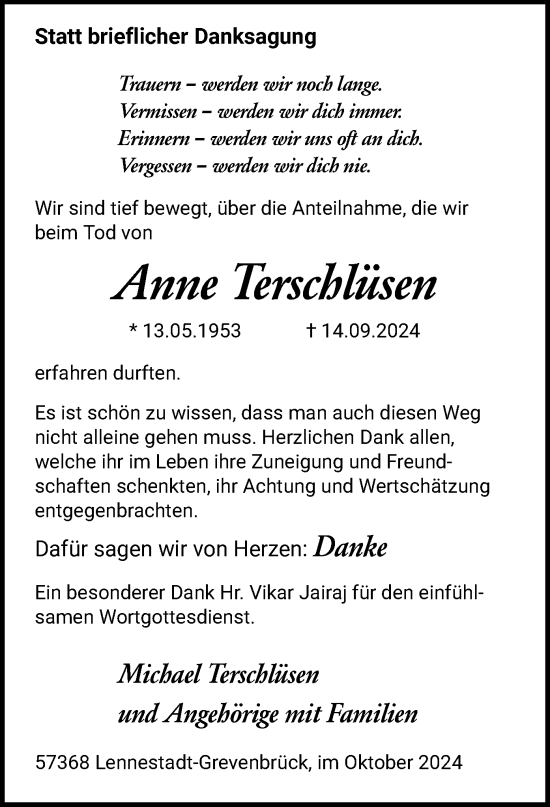 Todesanzeige von Anne Terschlüsen von WA