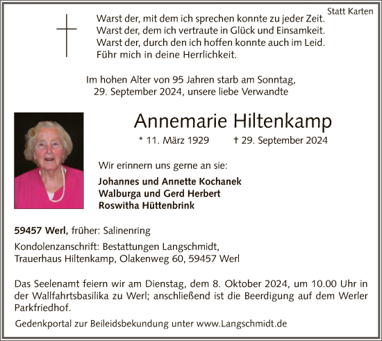 Todesanzeige von Annemarie Hiltenkamp von WA