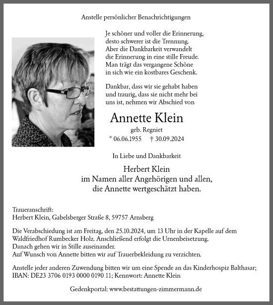 Todesanzeige von Annette Klein von WA